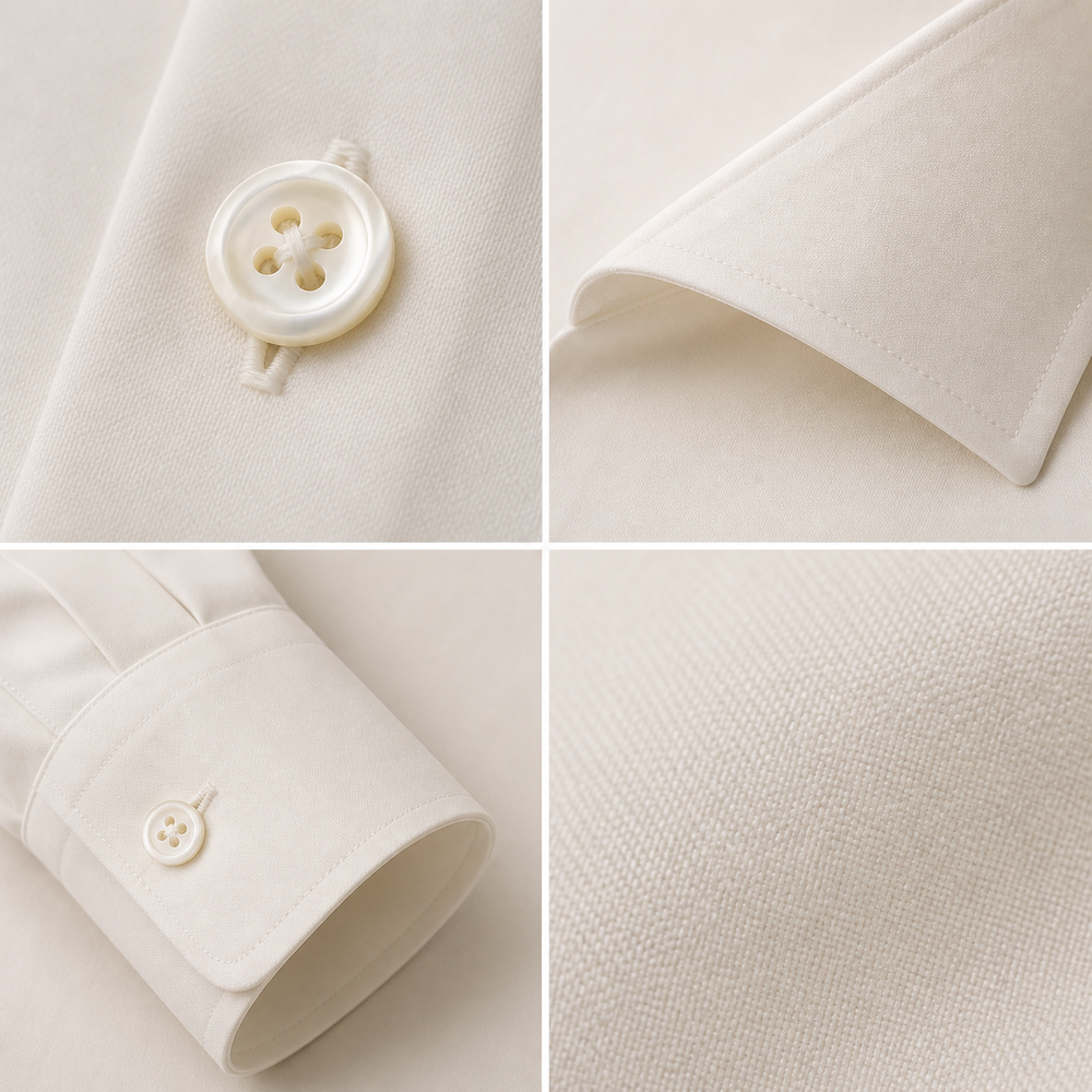 Construction details — Avorio handstitching, buttons, plain weave