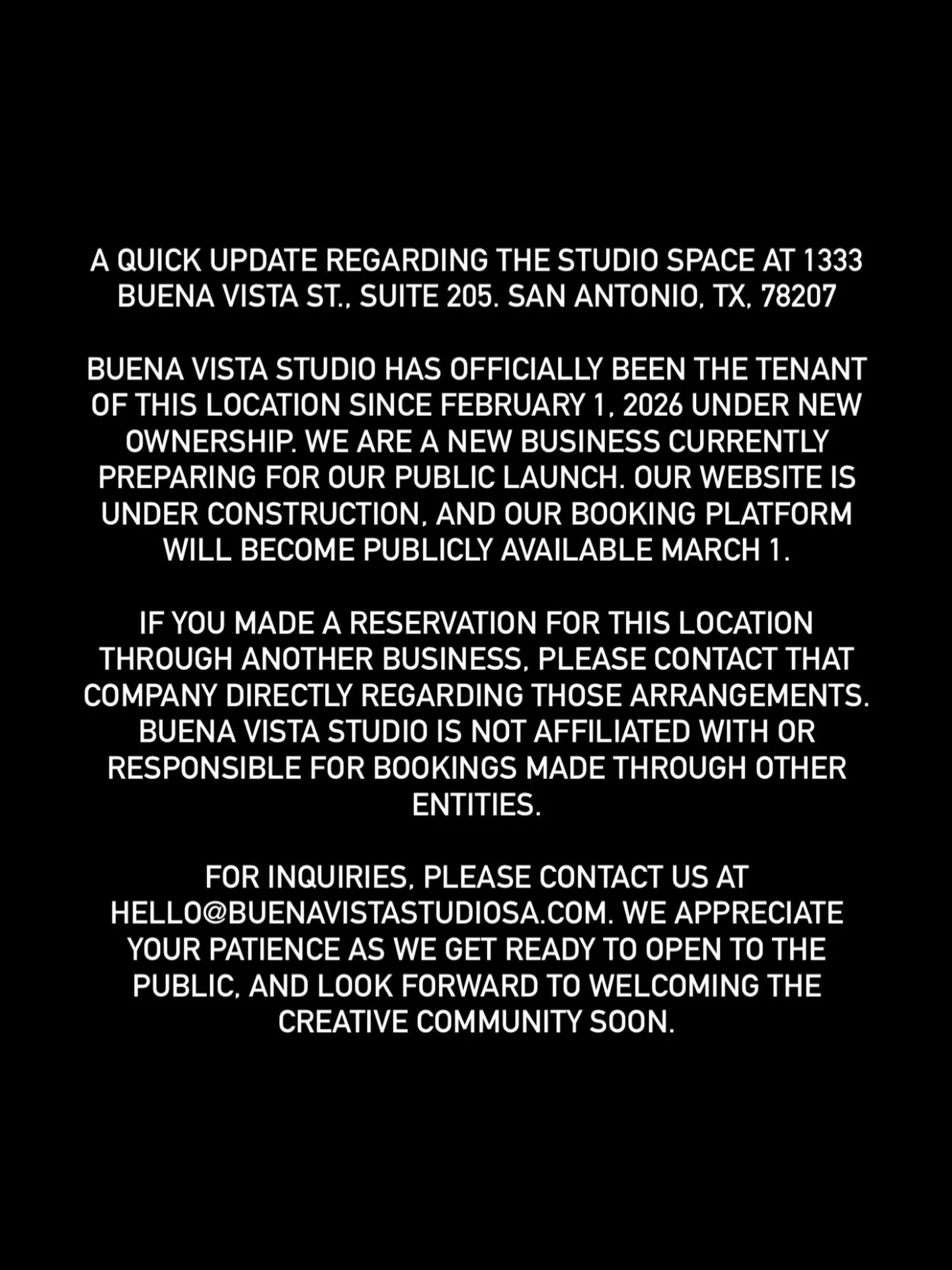 Hello creatives✨ Please take the time to read. We looking forward to opening to the public on March 1, 2026.