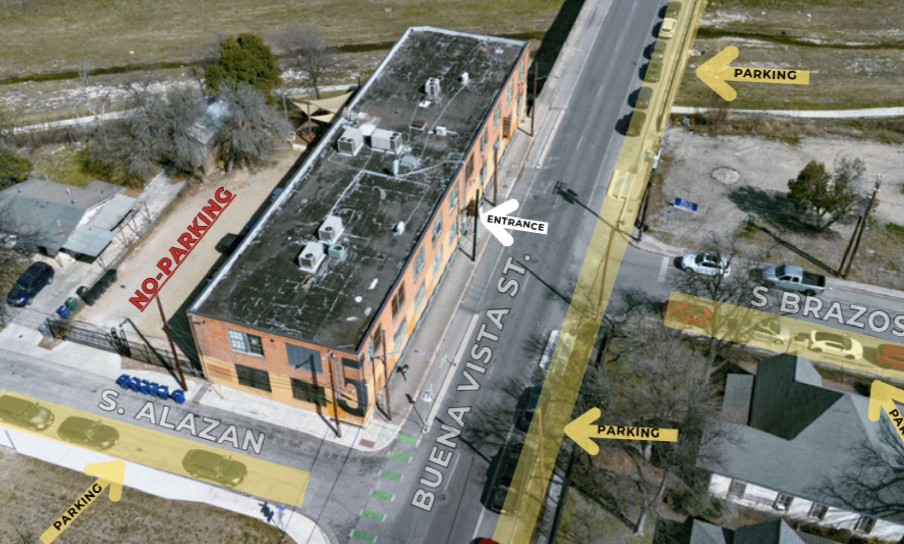 Aerial map of Buena Vista Studio in San Antonio, Texas, highlighting visitor parking, building entrance, Buena Vista Street, and directions to photography studio Suite 205.