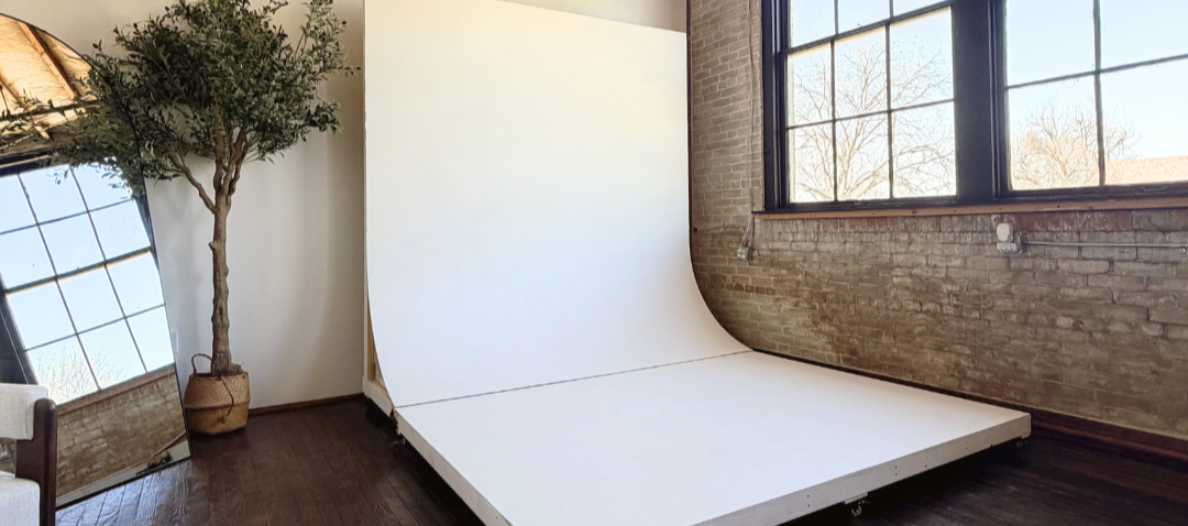 Photo of a small photo studio with a white backdrop, a tall potted plant, an angled mirror leaning against the wall, and large windows overlooking trees.