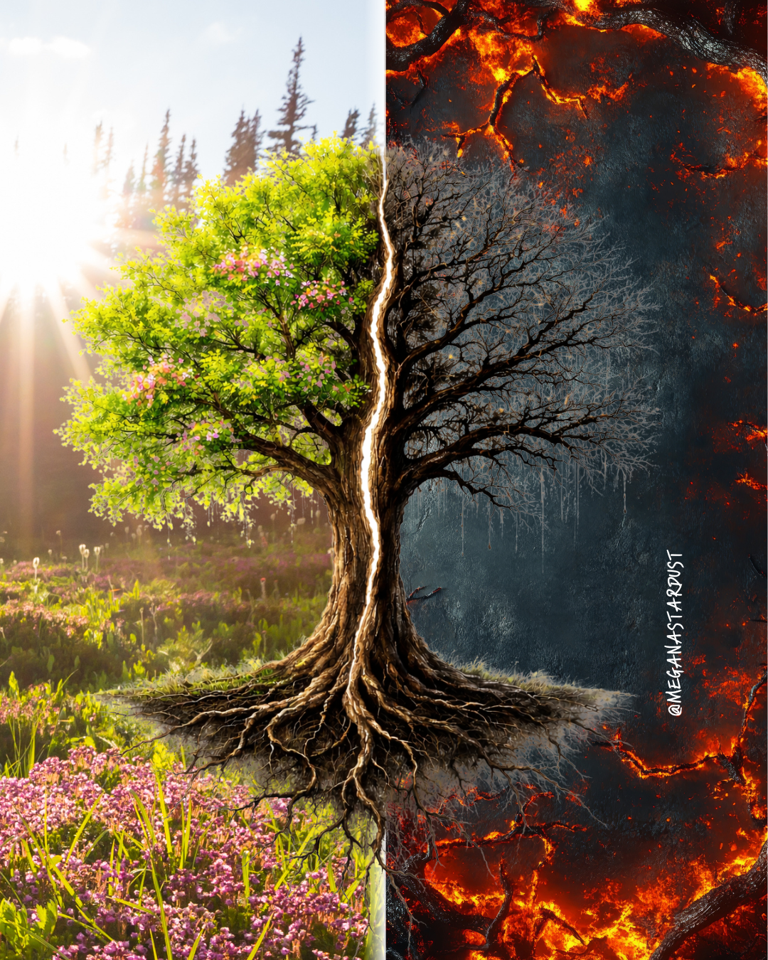 Image of a tree split in half, one side blooming and the other dark and toxic.