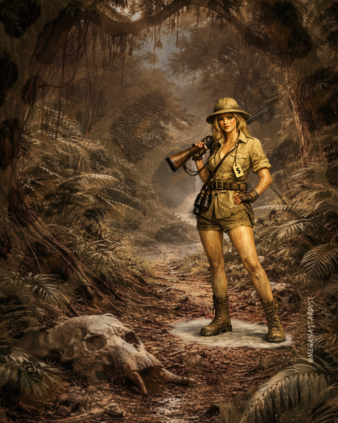 A woman in the jungle with a price tag around her neck hunting.