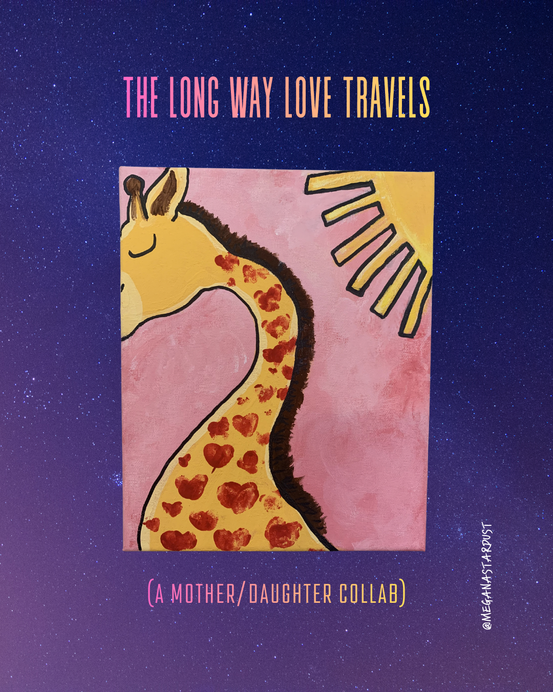 Painting of a giraffe on a pink background with a sun in the corner.