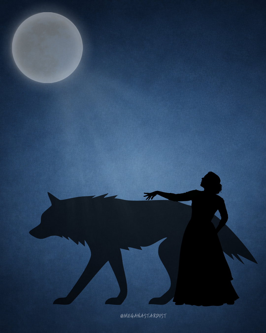 A woman walking a wolf under a full moon