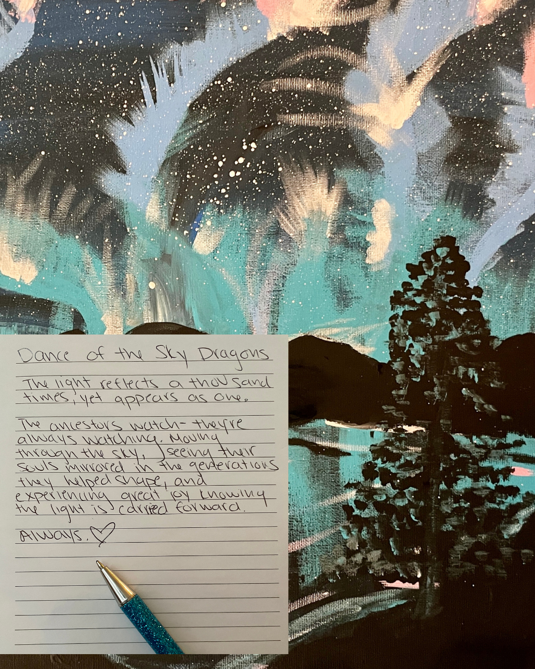 An image of a painting of Northern Lights with a paper and poem