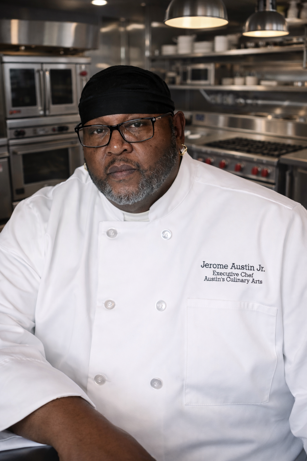 A portrait of a male chef wearing glasses, a black head covering, and a white chef’s coat with 'Jerome Austin Jr. Executive Chef Austin's Culinary Arts' embroidered on it, standing in a professional kitchen with stainless steel appliances and overhead lights.