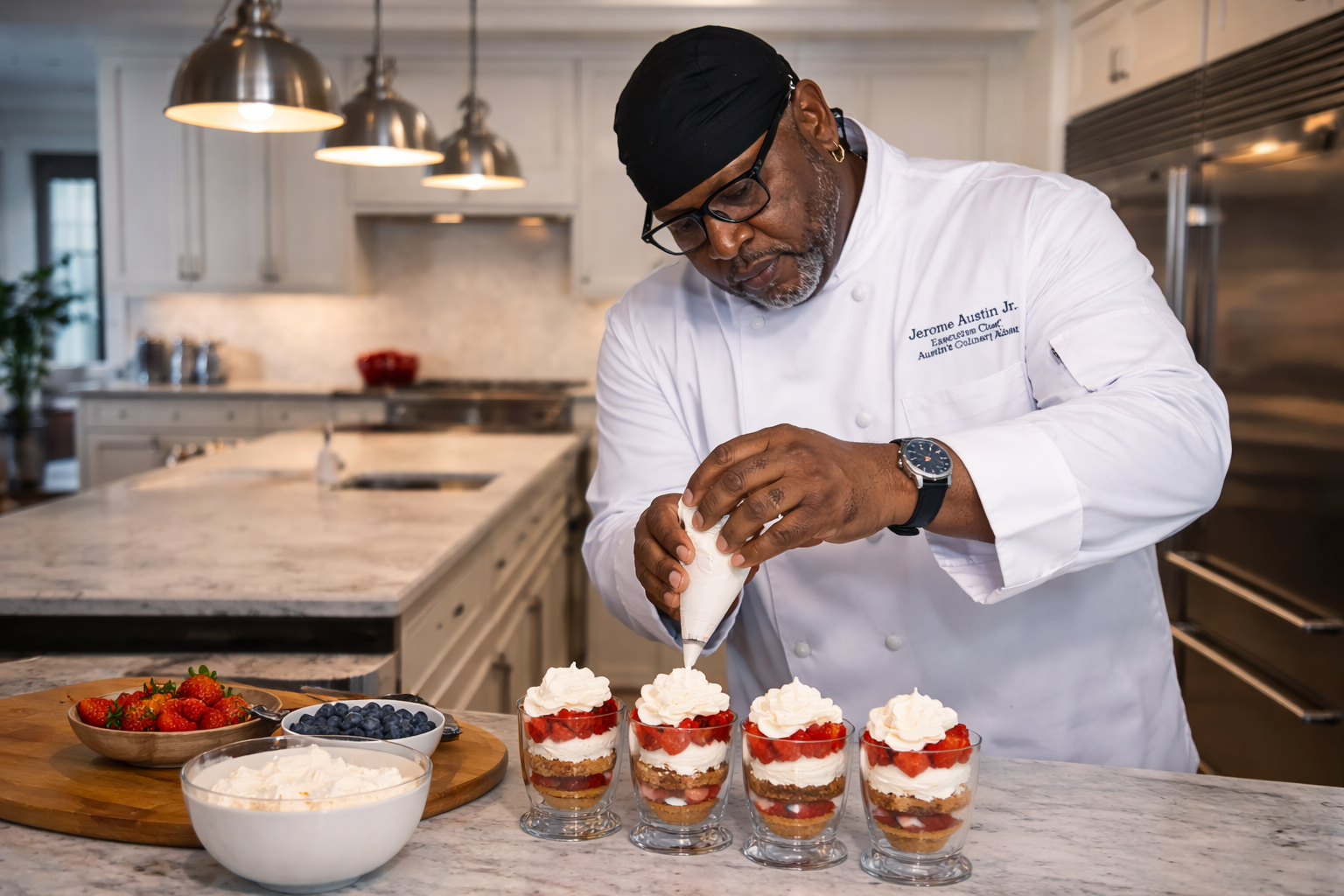 A chef is decorating parfait glasses with whipped cream in a kitchen, with bowls of strawberries, blueberries, and whipped cream on the counter.