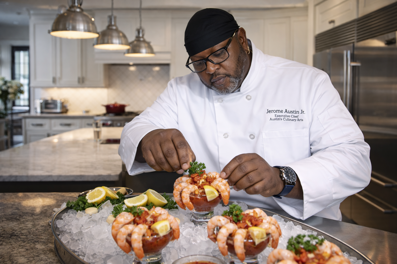 Chef Jerome Austin Jr. garnishing shrimp and tomato cocktail appetizers with parsley in a professional kitchen.