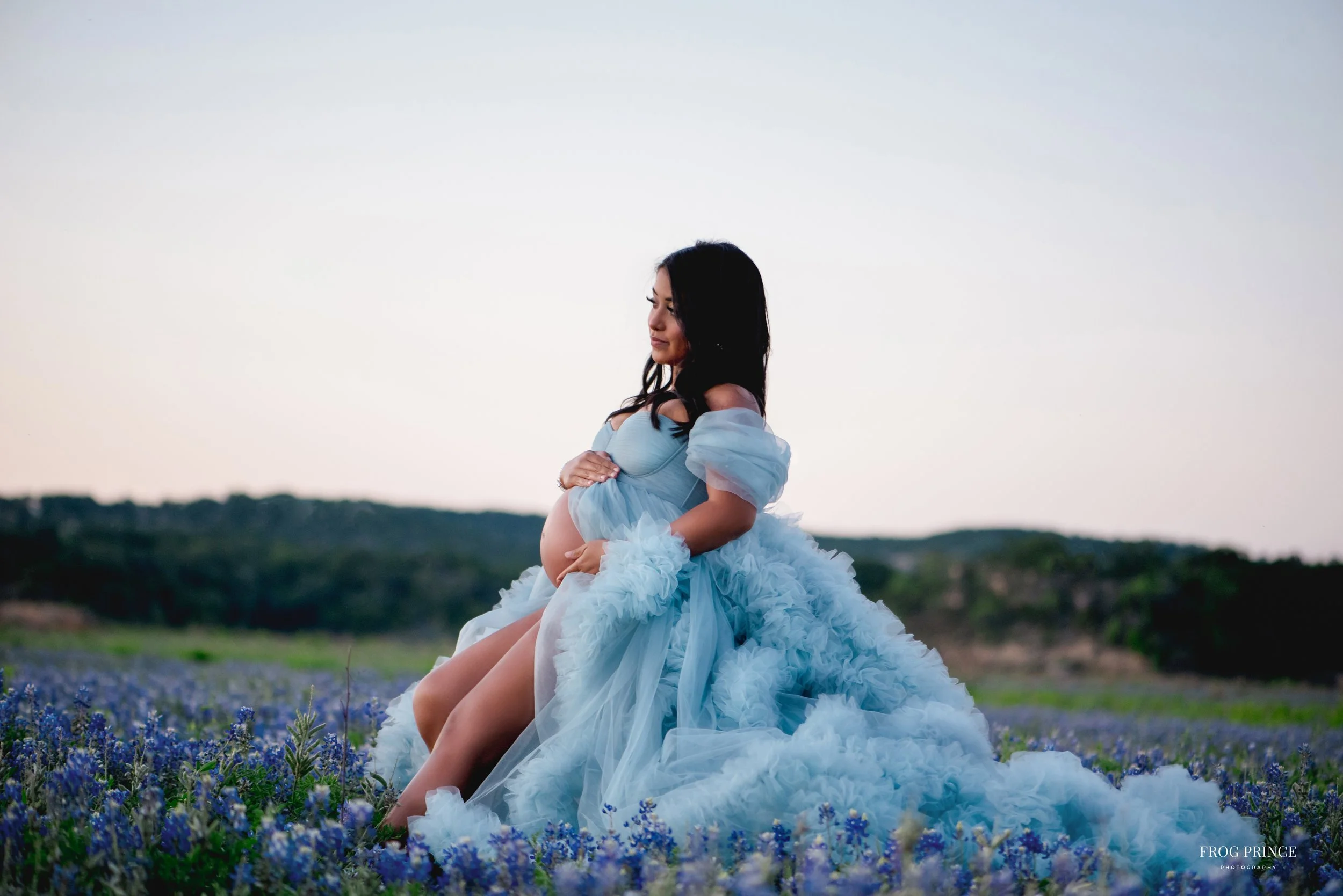 Fine art maternity portrait of a pregnant mother in a flowing light blue gown seated in a field of blue wildflowers with rolling Hill Country landscape behind her.