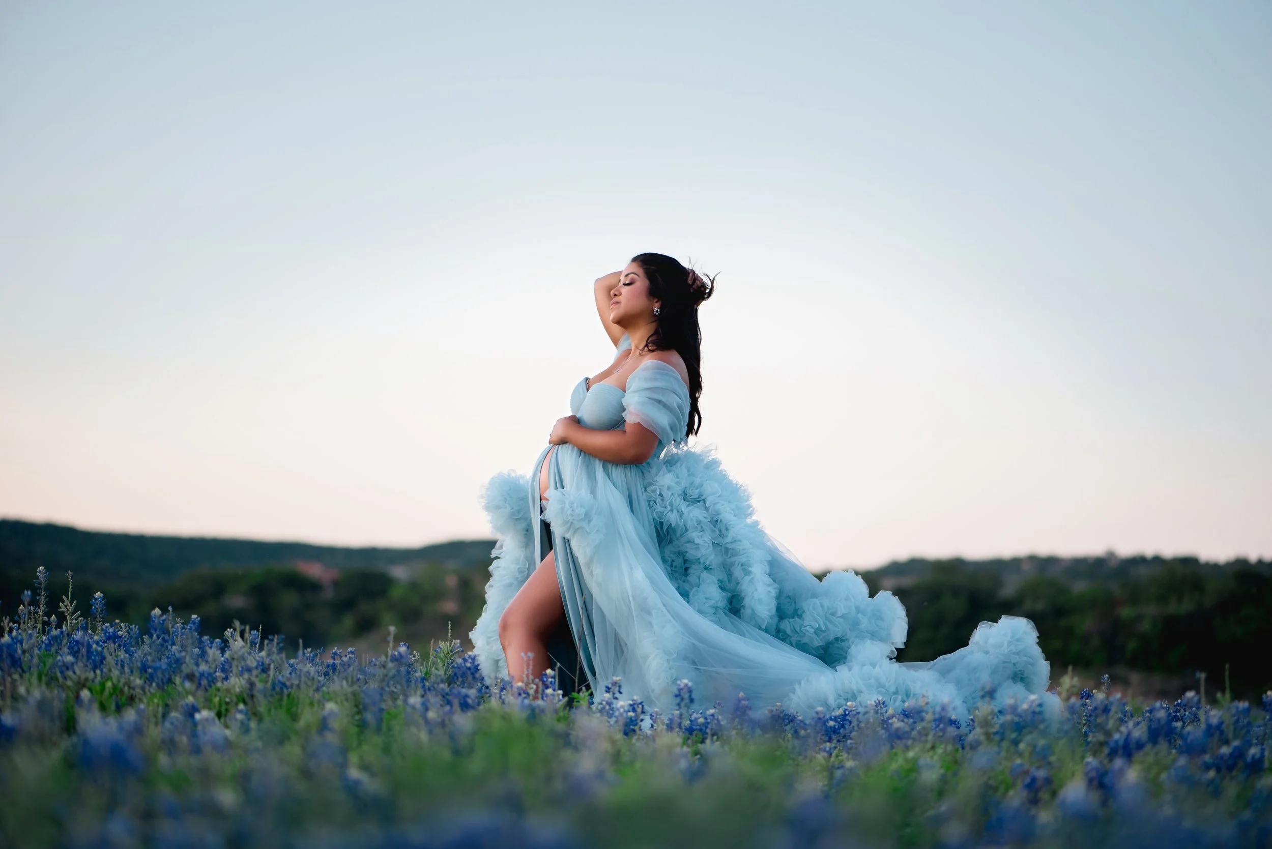 Woman in a flowing blue dress standing in a field of purple and blue flowers with a landscape and sky in the background.