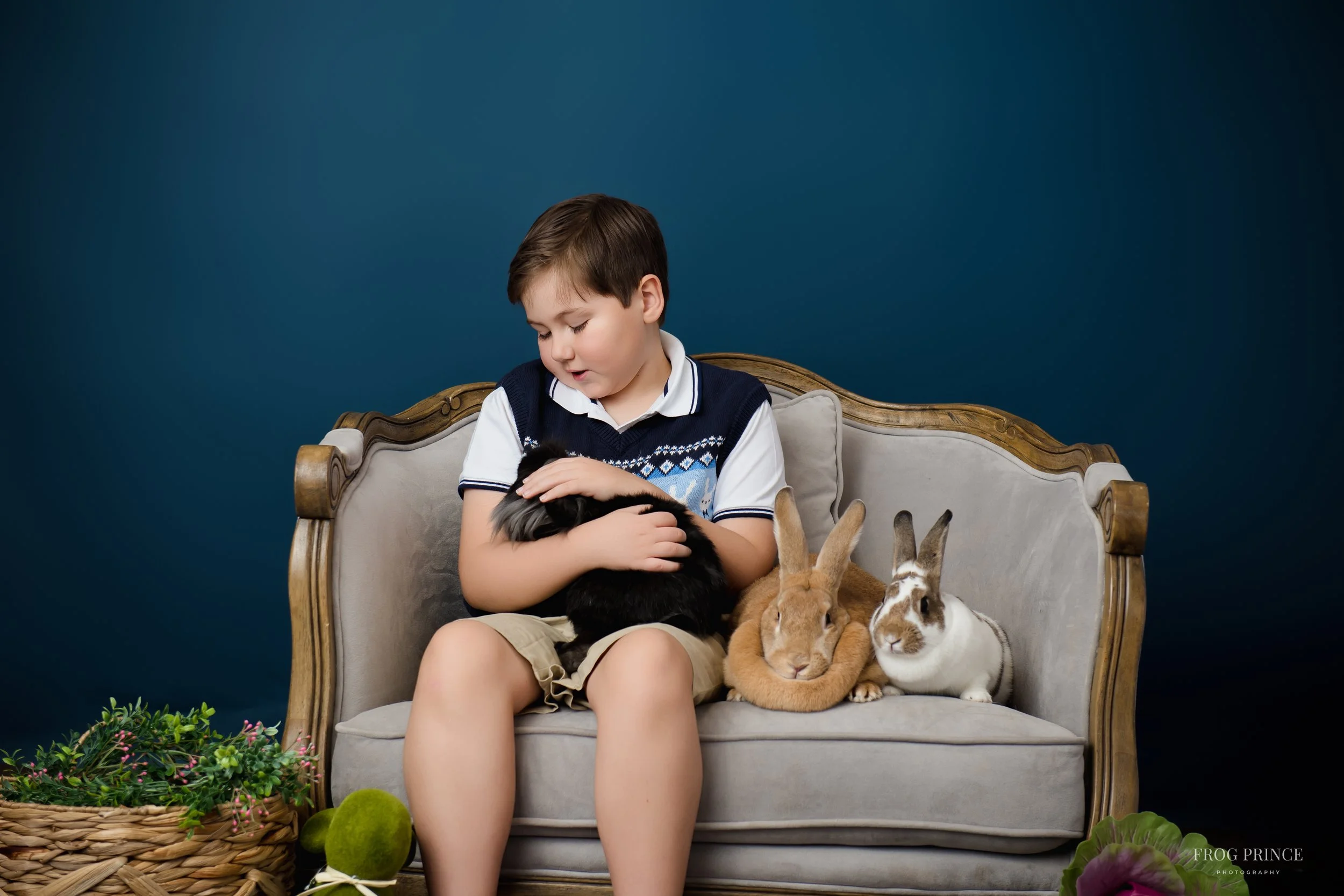 Pastel spring bunny session set with soft  blues in San Antonio studio