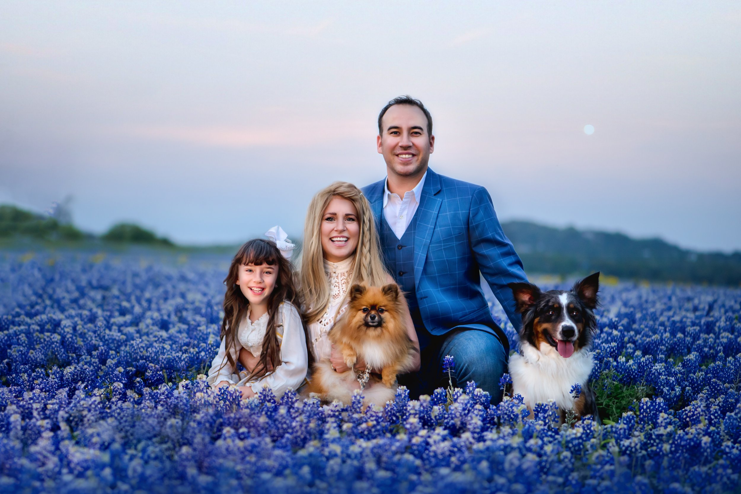 A family of four with two dogs smiling in a field of blue flowers at sunset.