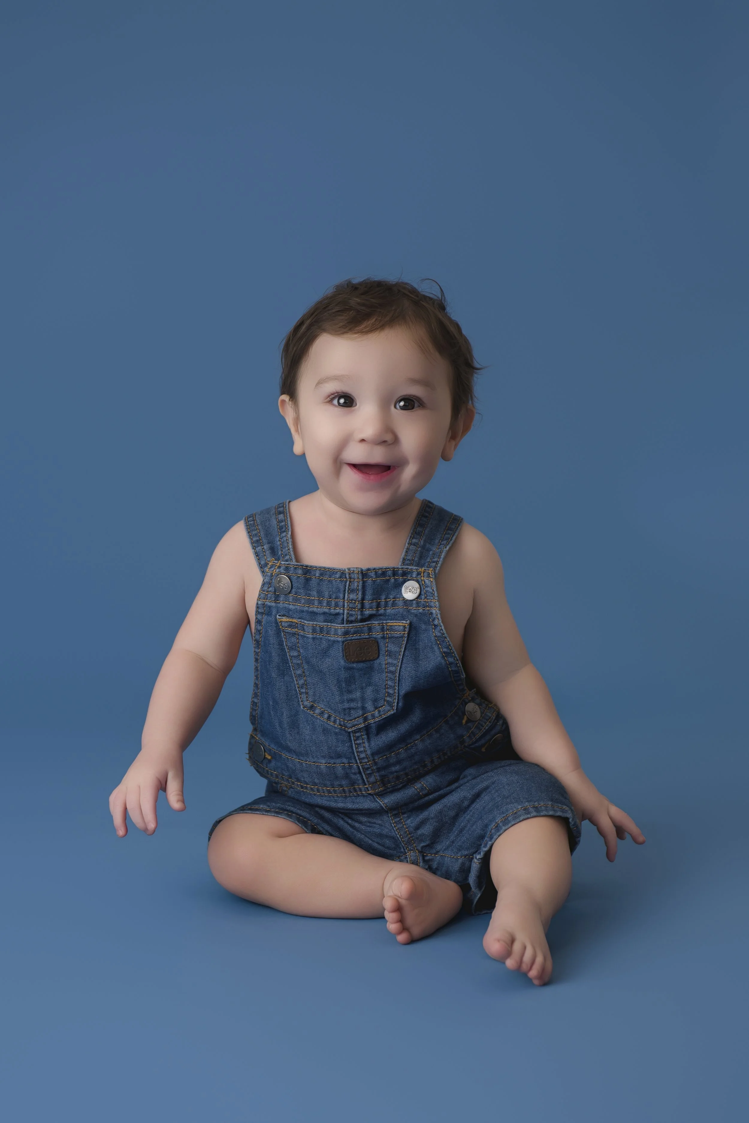 Smiling toddler with brown hair sitting on a blue background, wearing denim overalls.