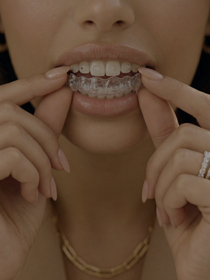 Close-up of a woman putting on clear orthodontic braces on her teeth, holding her braces with her fingers, with a focus on her lips and teeth.