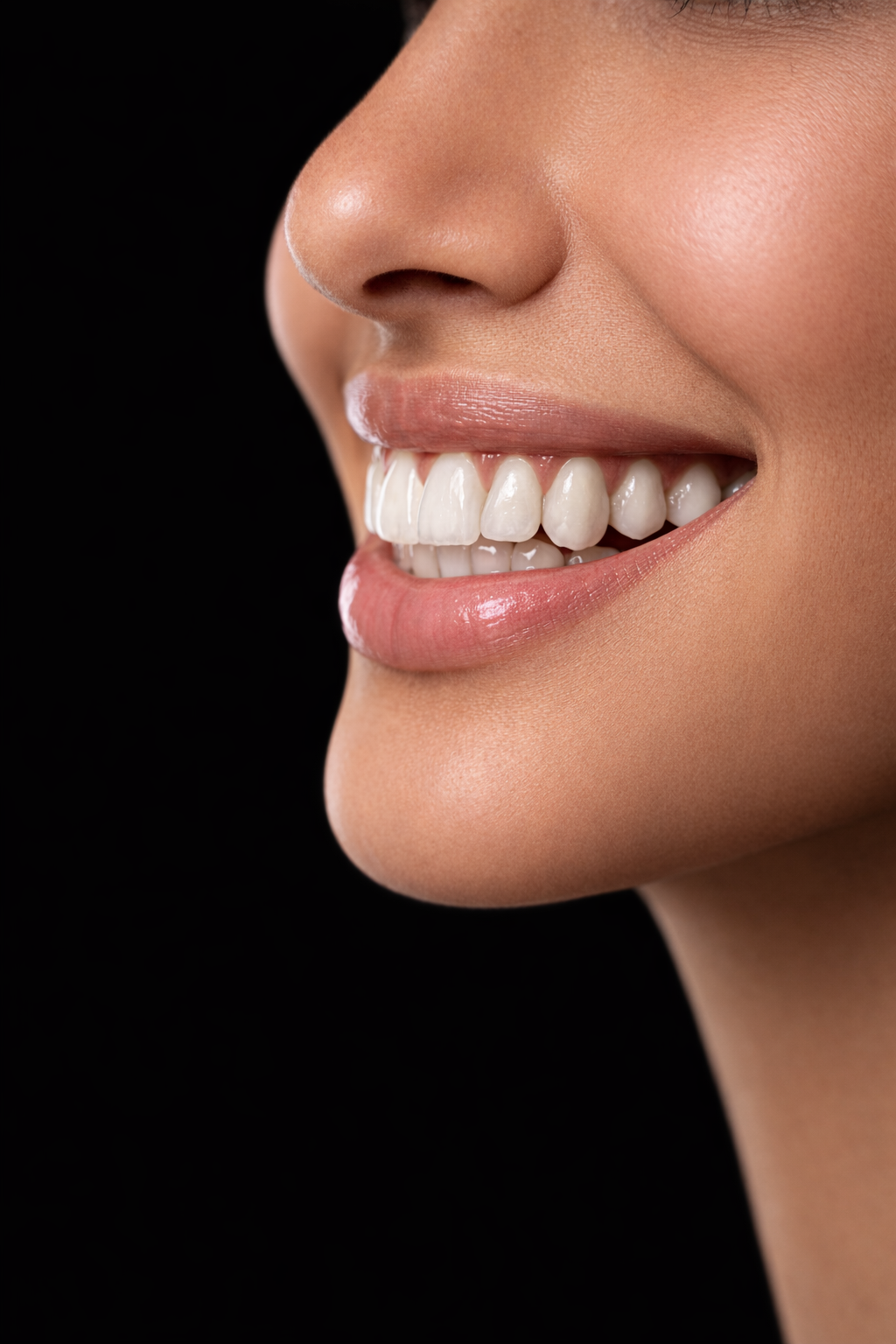 Close-up of a smiling woman showing white teeth and pink lips, with smooth skin and a black background. Veneers, smile, dentist, no-prep veneers