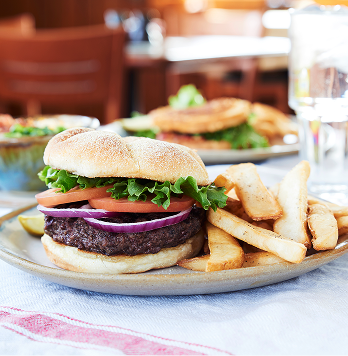 Close up of hamburger and fries