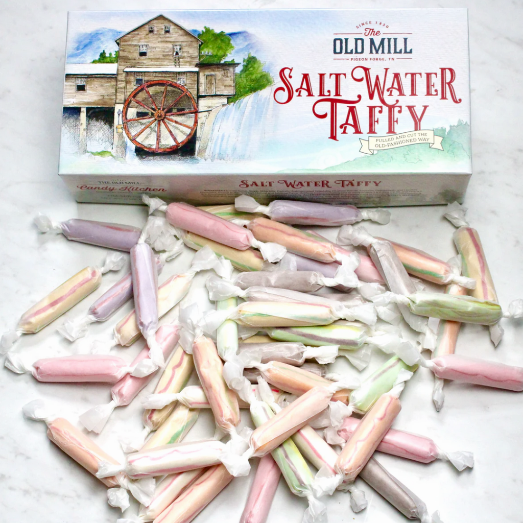 Box of the The Old Mill taffy made on 100-year-old machine