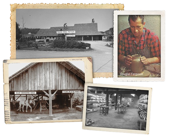 Collage of historical photos from 1946 depicting potter Douglas Ferguson and the original Pigeon Forge Pottery building
