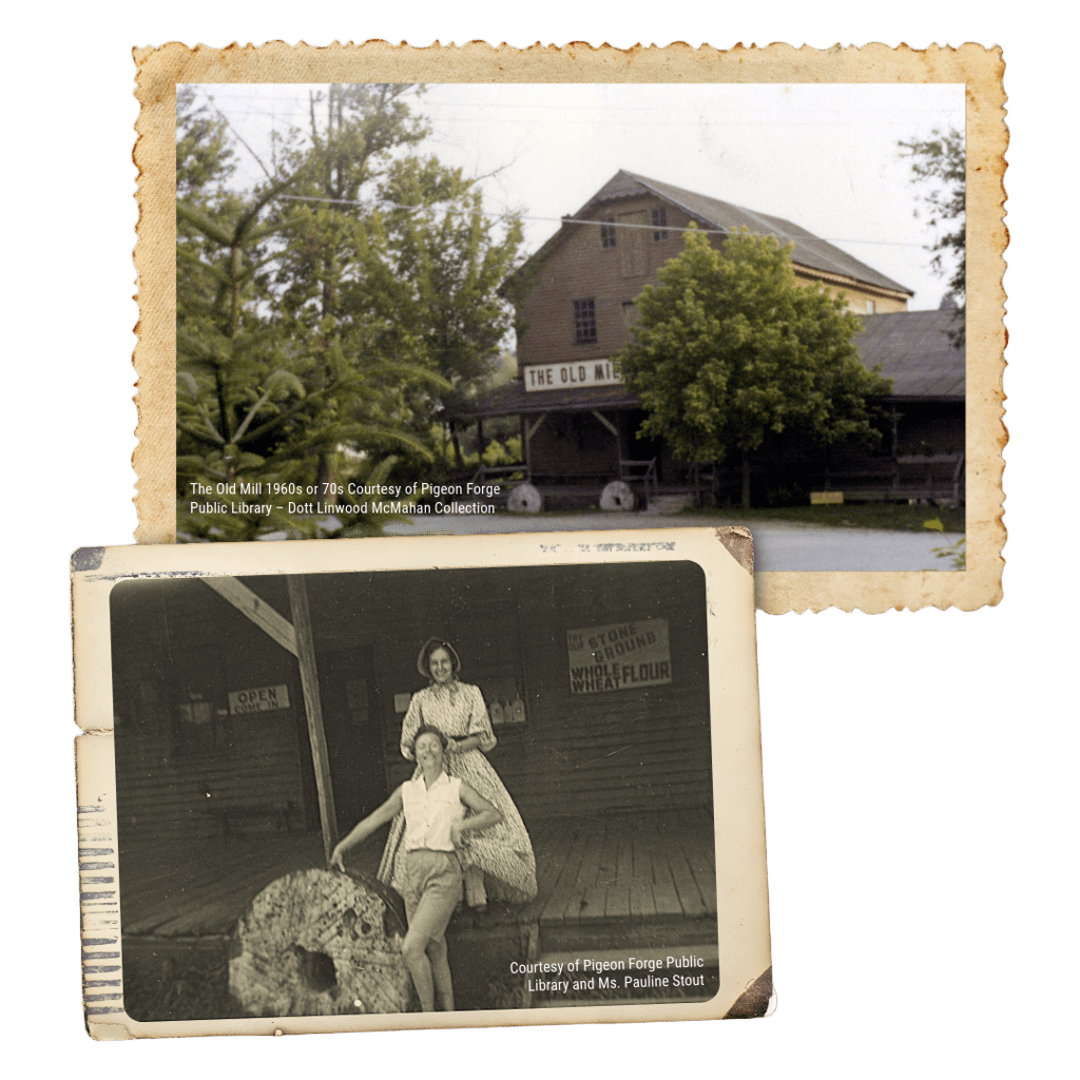 Historical photos showing that the Old Mill once housed a sawmill and later stored grain