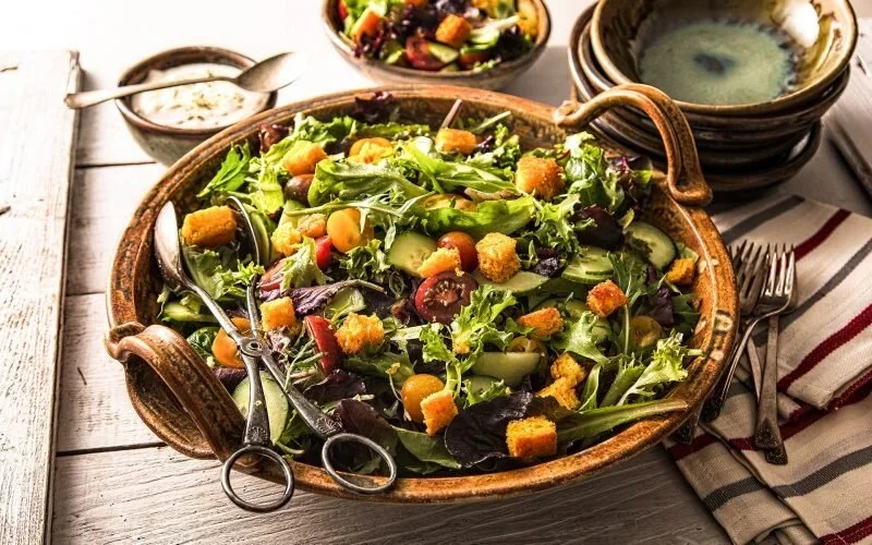 Mixed Greens Salad with Cornbread Croutons and Horseradish Bacon Ranch