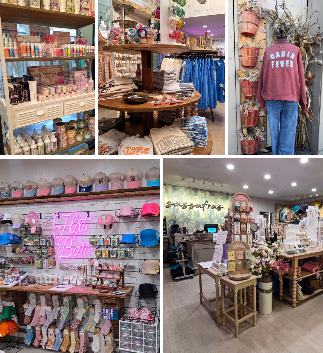 Collage of clothing, jewelry, and other goods  at the Sassafras store in Pigeon Forge