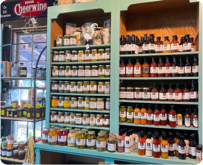Shelves of jams, jellies, spices and other pantry favorites in Pigeon Forge