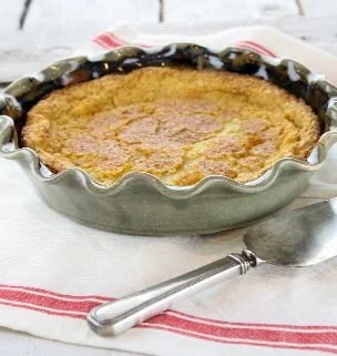 Delicious chess pie baked showcasing the potteryware pie dish in Greenbrier Moss glaze