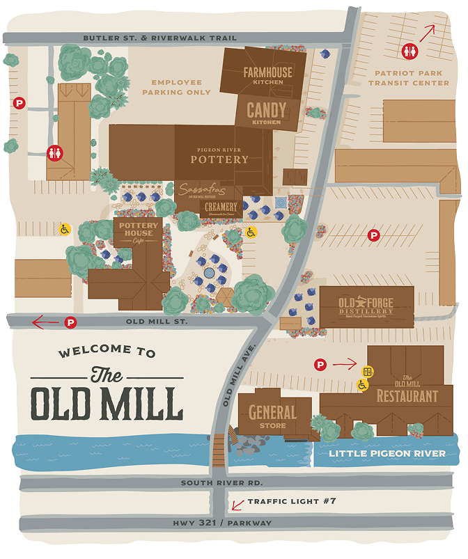 Illustrated map of The Old Mill properties on the Little Pigeon River