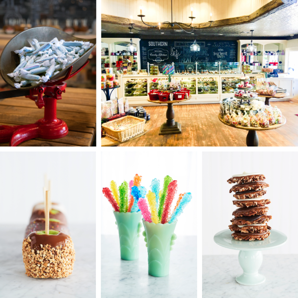 Collage of photos featuring some of our Pigeon Forge favorites:taffy, chocolate-covered apples, and rock candy