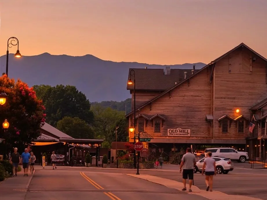 The Old Mill Restaurant with mountains in the background at sunset