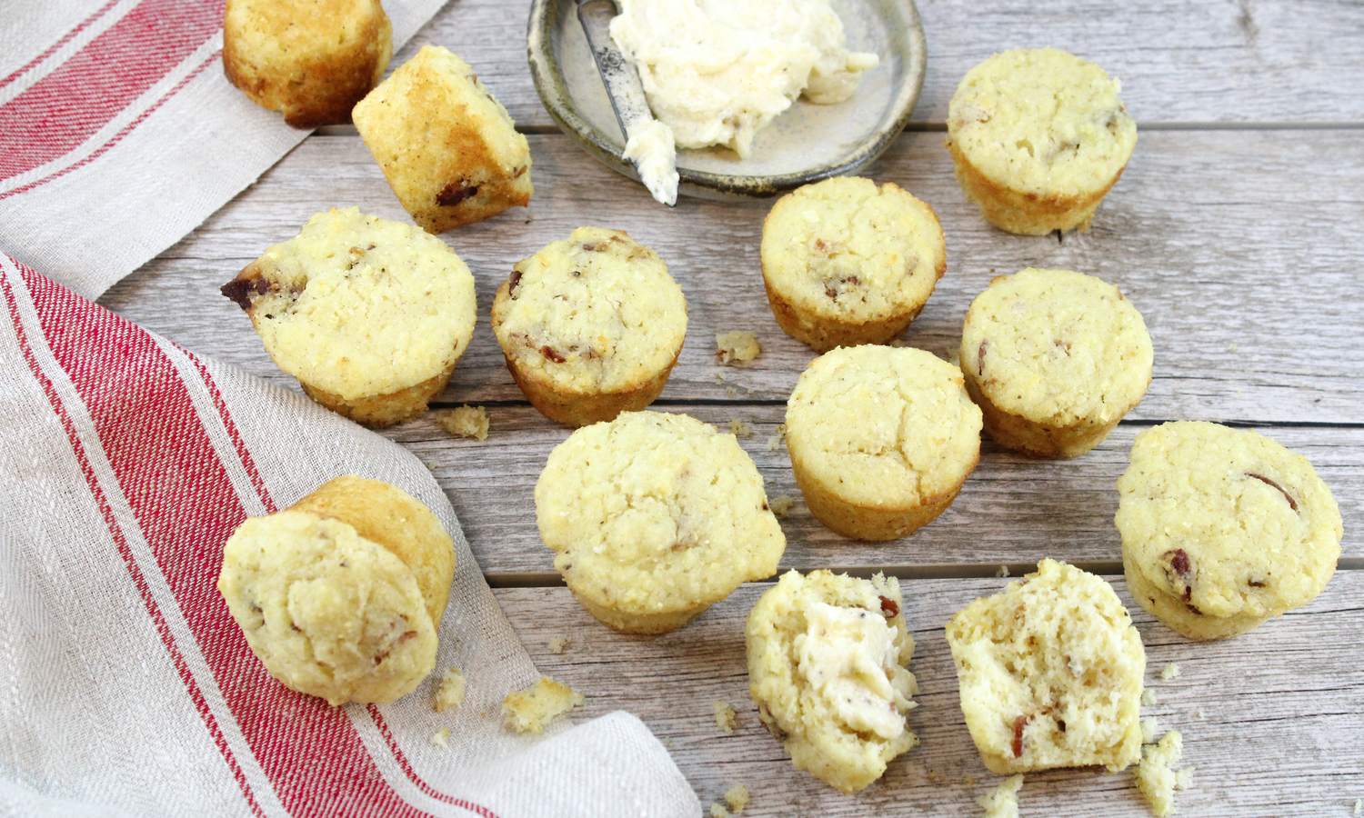 Bacon Cornbread Bites with Black Pepper Maple Butter