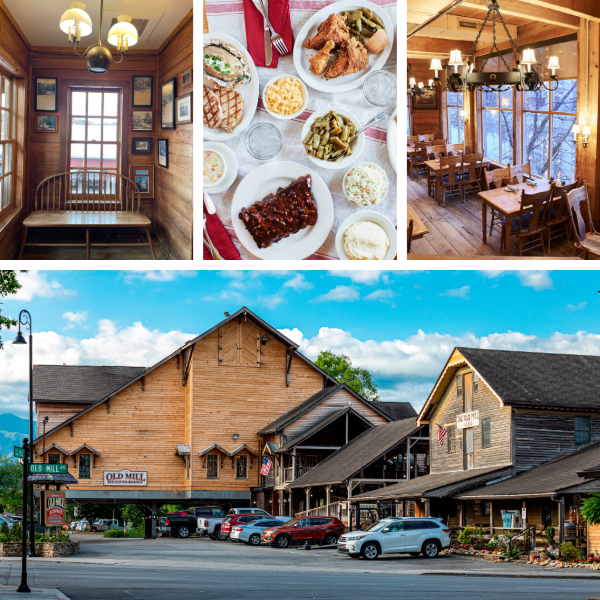 Collage of photos showing the exterior and interior of the restaurant, along with shots of homemade Southern meals