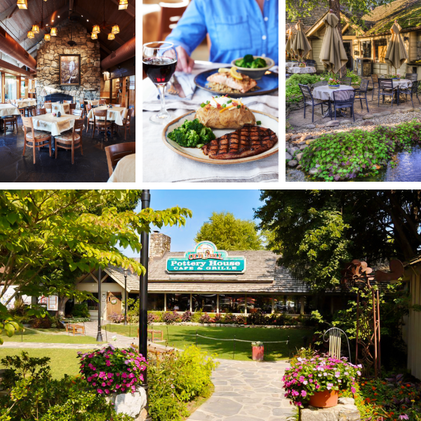 Collage of interior and exterior photos of Pottery House Cafe