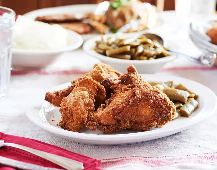 Closeup of Southern fried children with mashed potatoes and green beans
