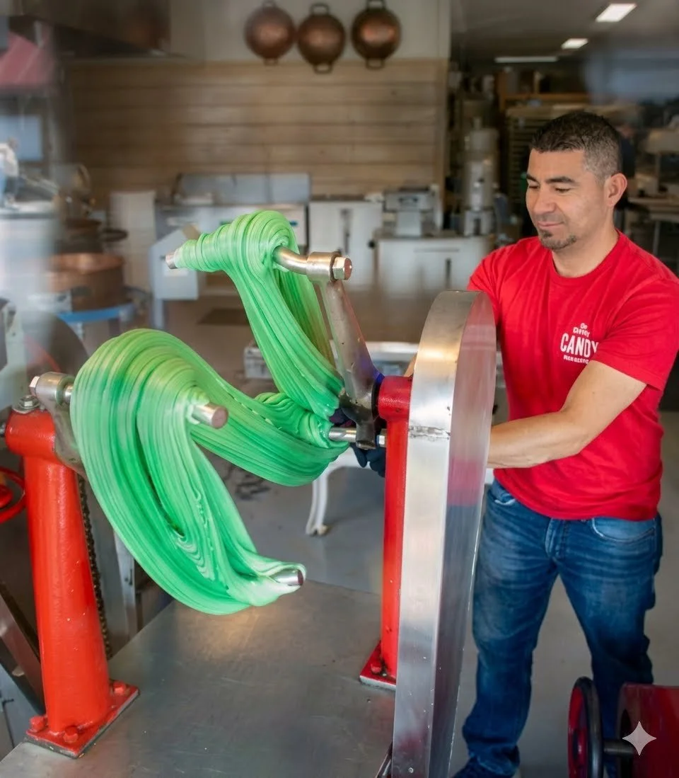 A worker is spinning and pulling candy on the vintage taffy pulling machine