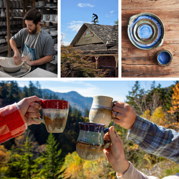 Collage showing a potter working and samples of homemade pottery with different glazes.samples of
