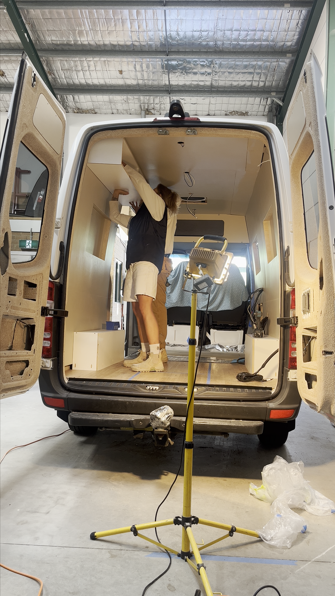 Mercedes Sprinter campervan ceiling and cabinetry installation