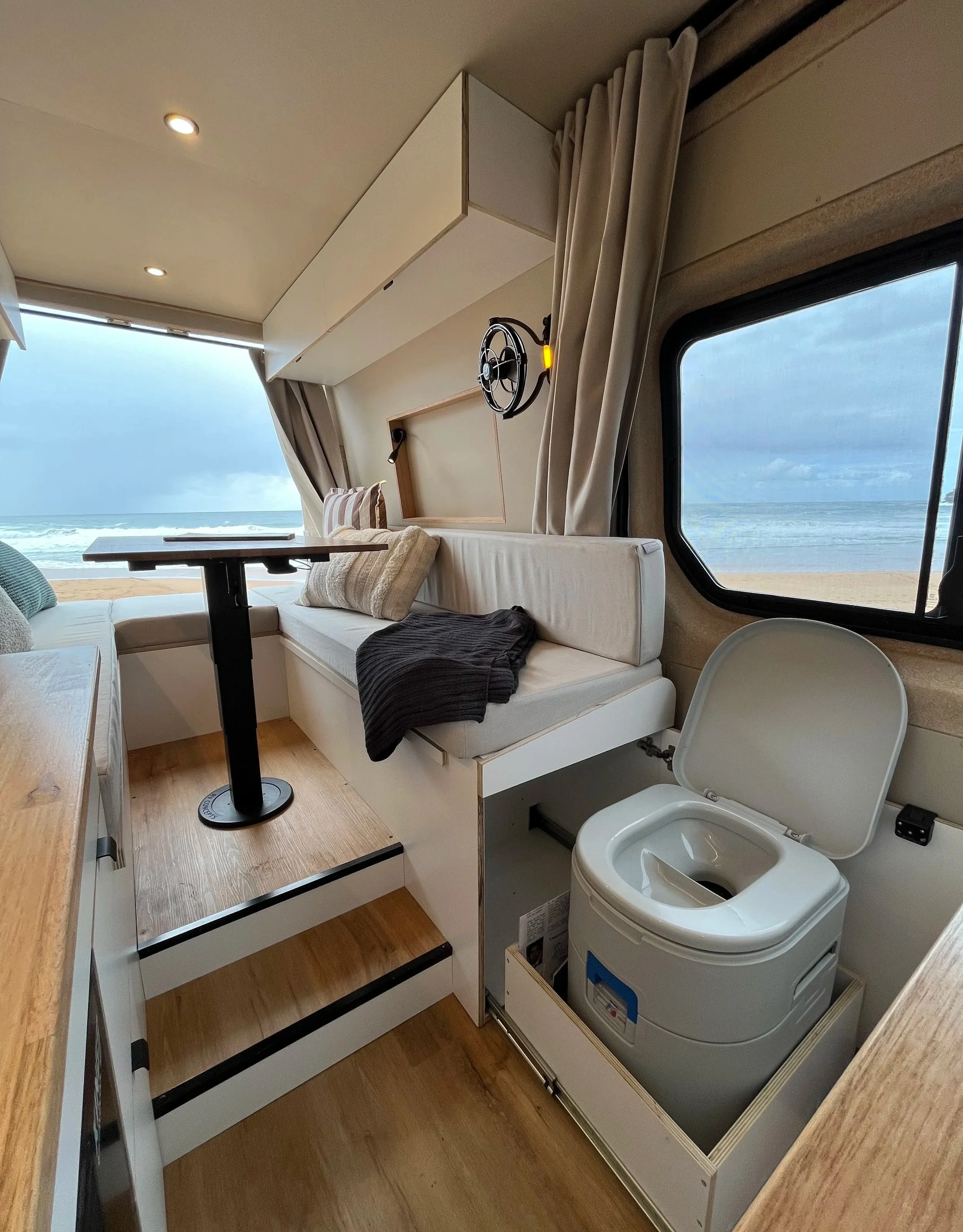 Mercedes Sprinter MWB High Roof campervan lounge, dining and toilet layout