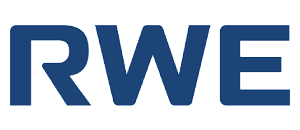 RWE logo in blue on a black background