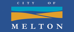 Logo of the City of Melton with stylized blue and gold design