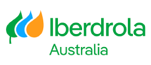 Iberdrola Australia logo with three stylized flame shapes in blue, green, and orange above the company name in green text.
