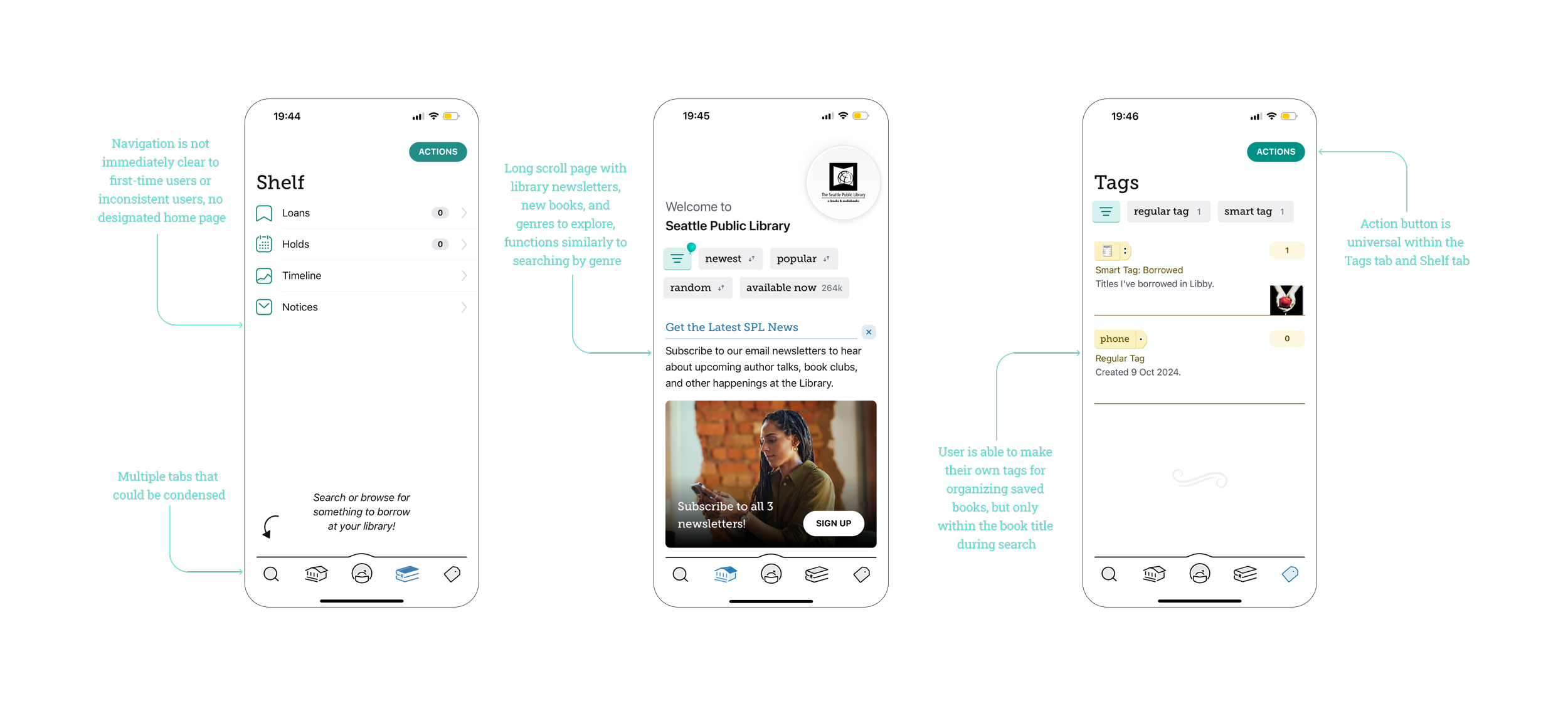 Visual audit of 3 screens within the Libby app