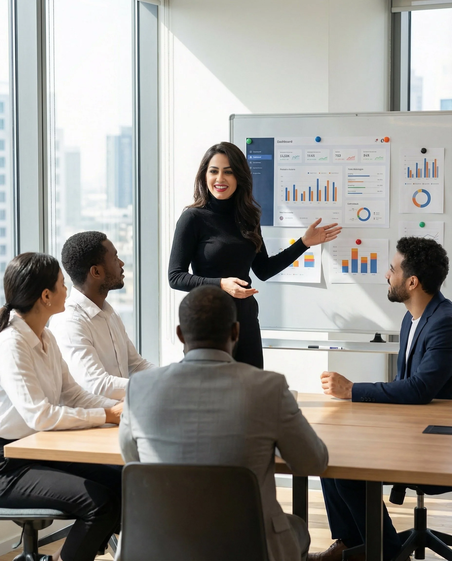 A woman giving a presentation on sales data to a group in a modern office with large windows