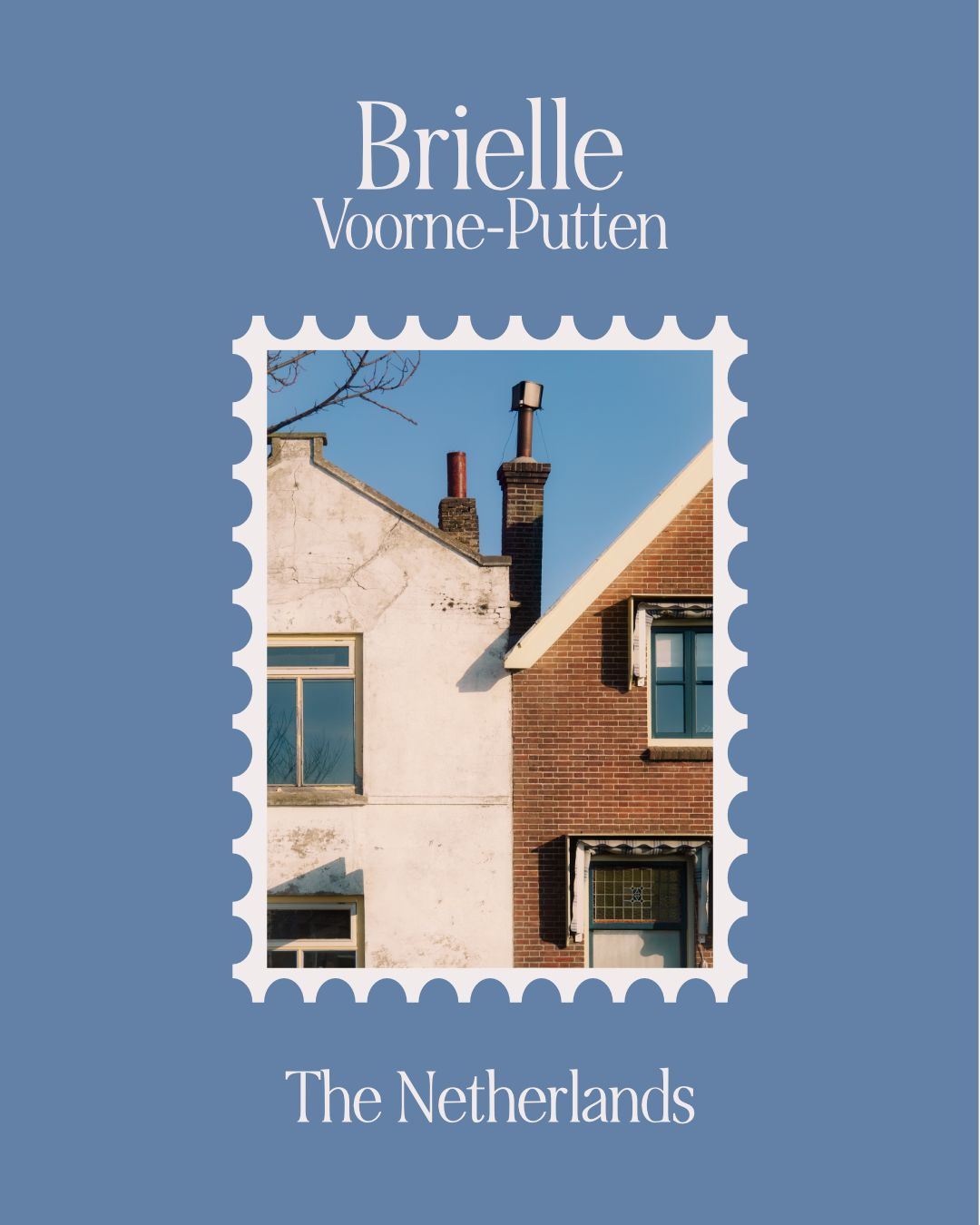 Postzegel met afbeelding van huizen met schoorstenen en ramen, en de titel 'Brielle Voorne-Putten' en ondertitel 'The Netherlands' op een blauwe achtergrond.
