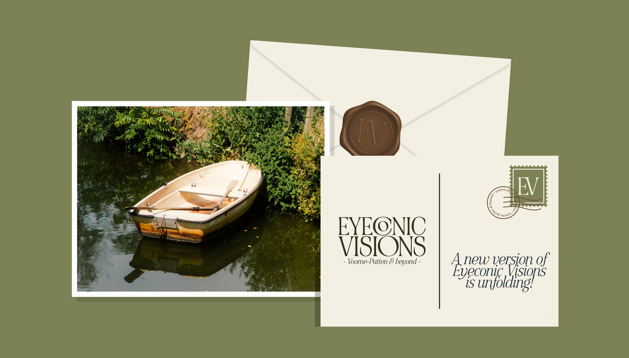 A boat floating on a river surrounded by lush green foliage, with text overlay about a new version of Eyeonic Visions.