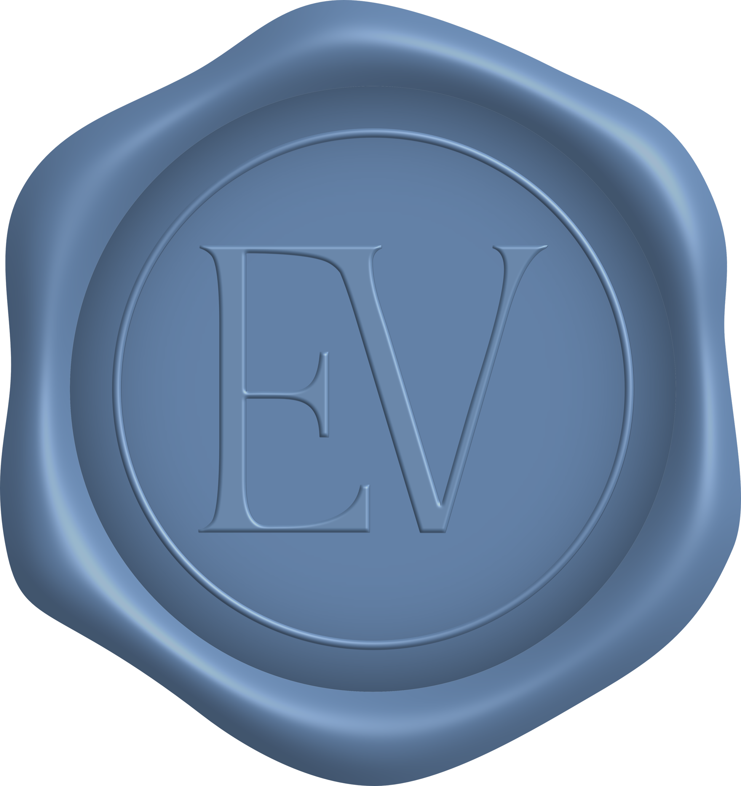Close-up van een blauwe wax stempel met een insnijding van een groter letter E en V en een rand eromheen.