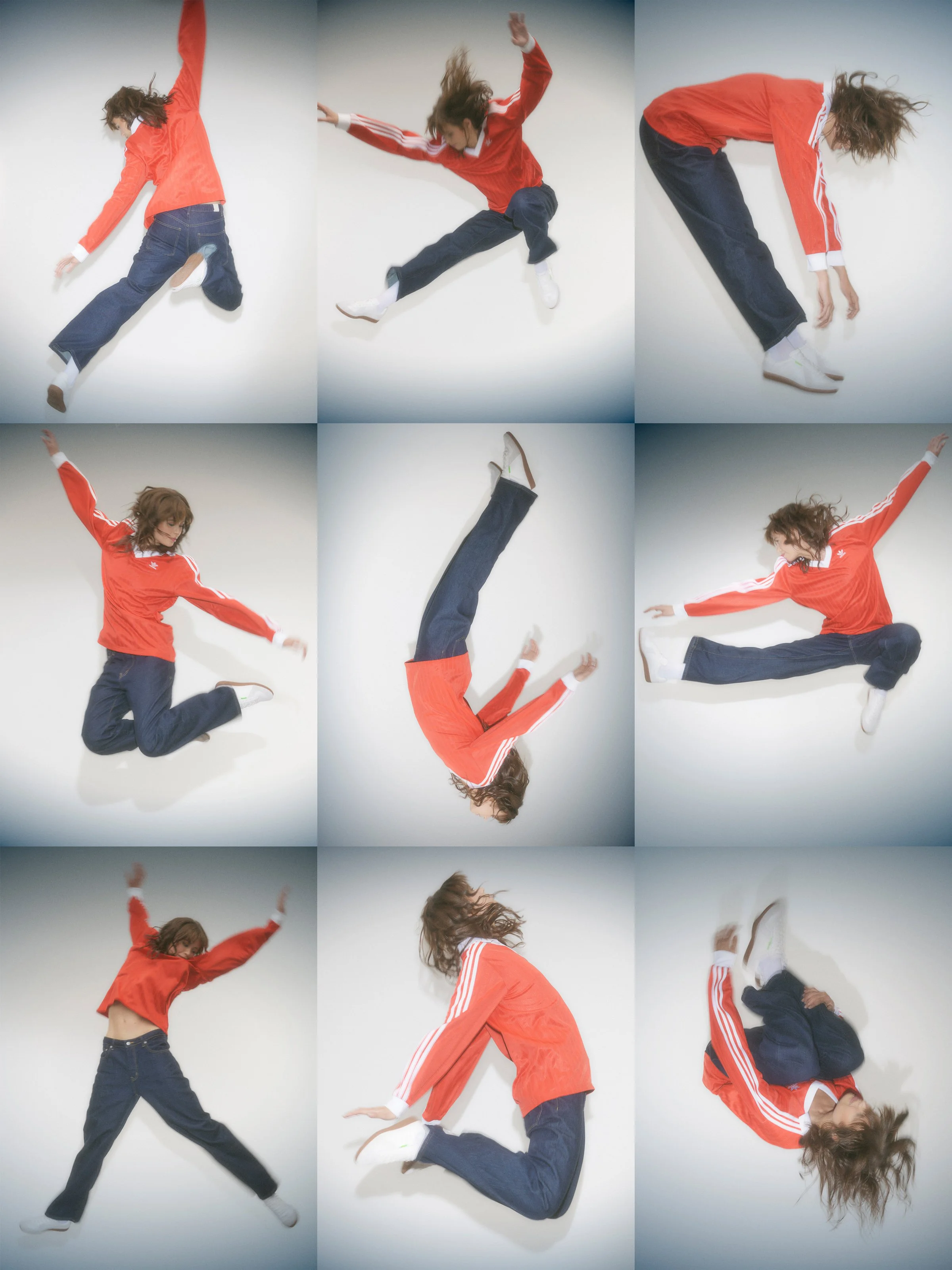 9 images in a 3x3 grid of a female model jumping in the air