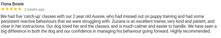 Review from Fiona Bowie praising puppy training classes with a two-year-old Aussie, highlighting improvements in behavior, calmness, and confidence, with high recommendation.
