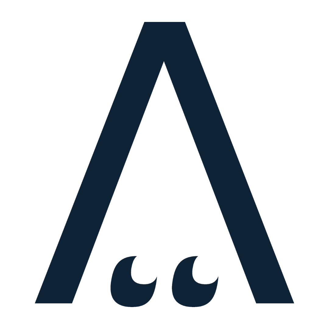 Logo with a stylized large letter 'A' and two smaller apostrophe-like shapes underneath.