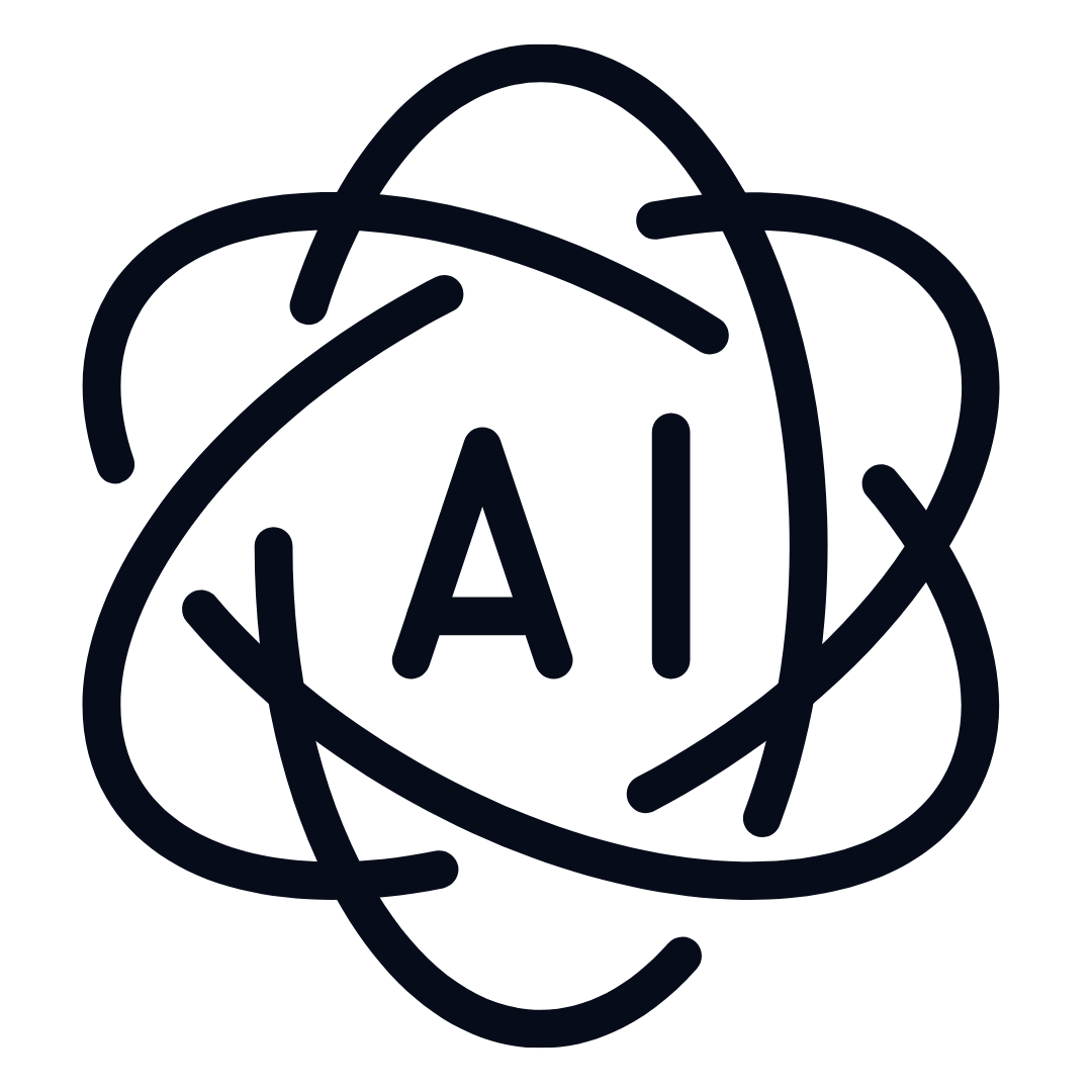 Black icon of an atom with the letters 'AI' in the center, representing artificial intelligence.